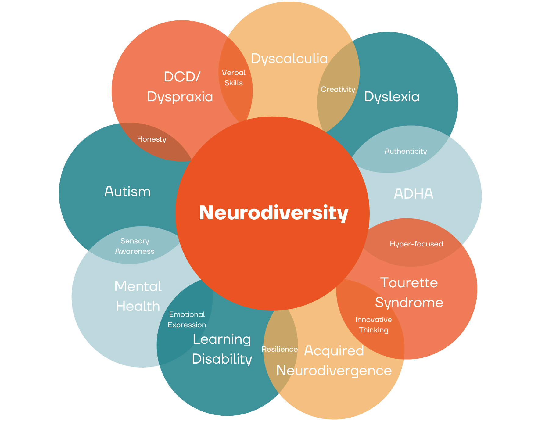 Diagram illustrating neurodiversity with various conditions, including Autism, Dyslexia, ADHD, and Dyspraxia, highlighting traits like creativity, sensory awareness, and resilience, used for designing for neurodivergency
