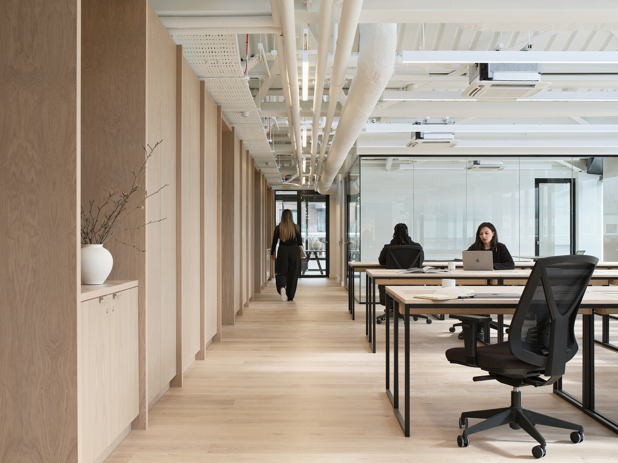 Open-plan workspace for Labtech at Hawley Wharf, featuring natural timber finishes, exposed services, and glass meeting rooms for a modern industrial feel.