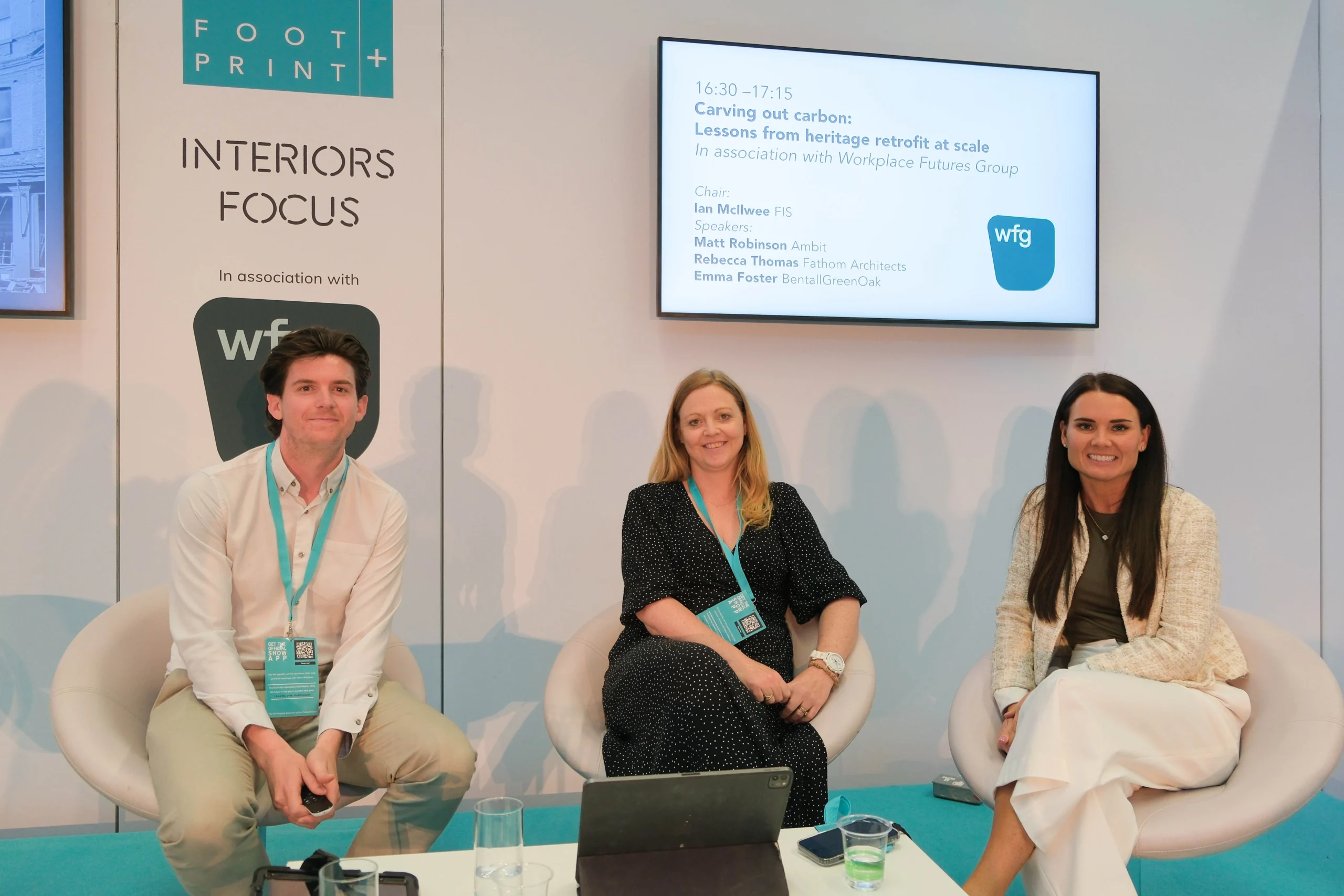 Speakers from Ambit, Fathom Architects and BentallGreenOak at the FOOTPRINT+ panel on carbon reduction through heritage retrofit, in partnership with Workplace Futures Group.