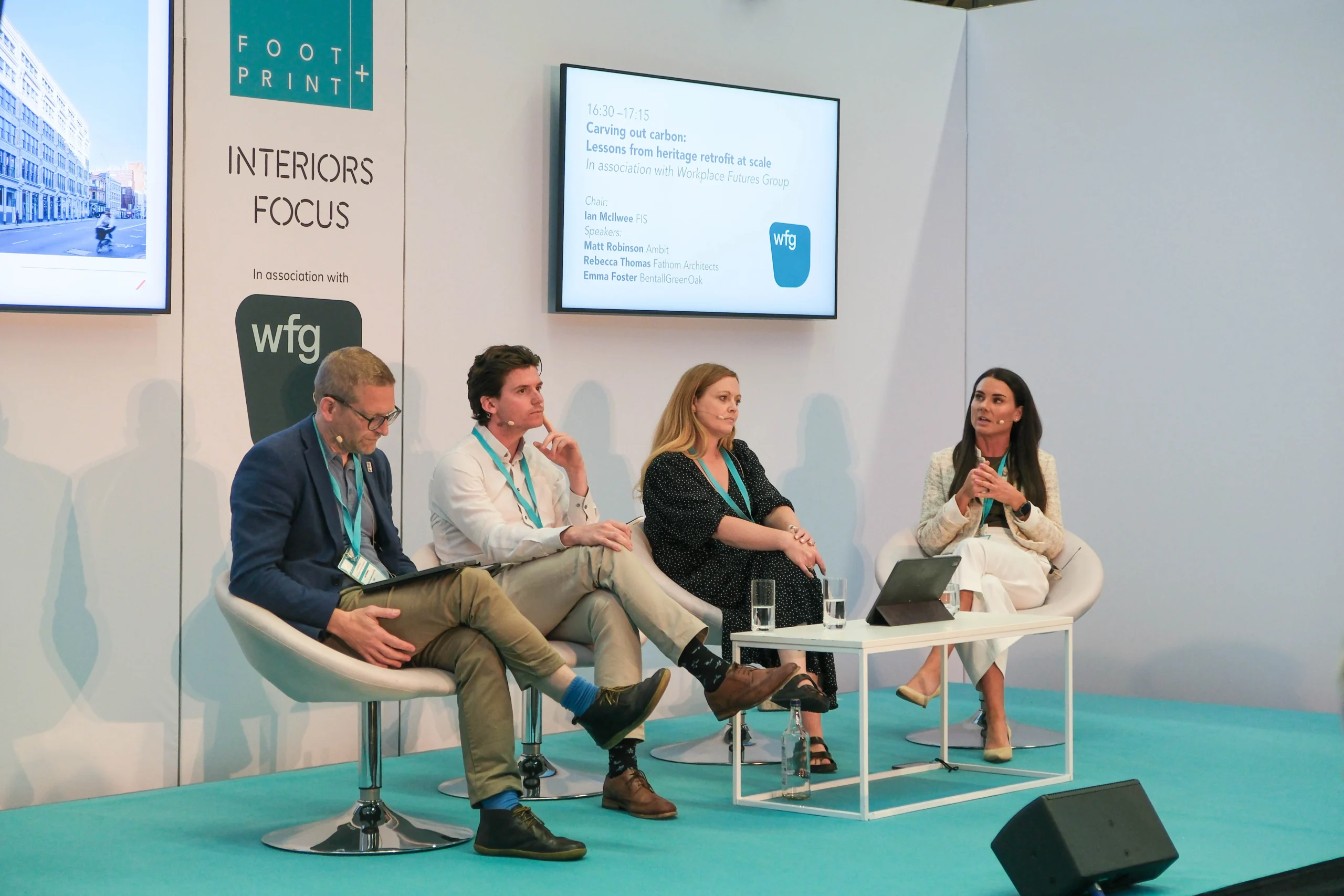 Live panel in session at FOOTPRINT+ discussing sustainable retrofit at scale, with Ambit, Fathom Architects and BentallGreenOak, in association with Workplace Futures Group.