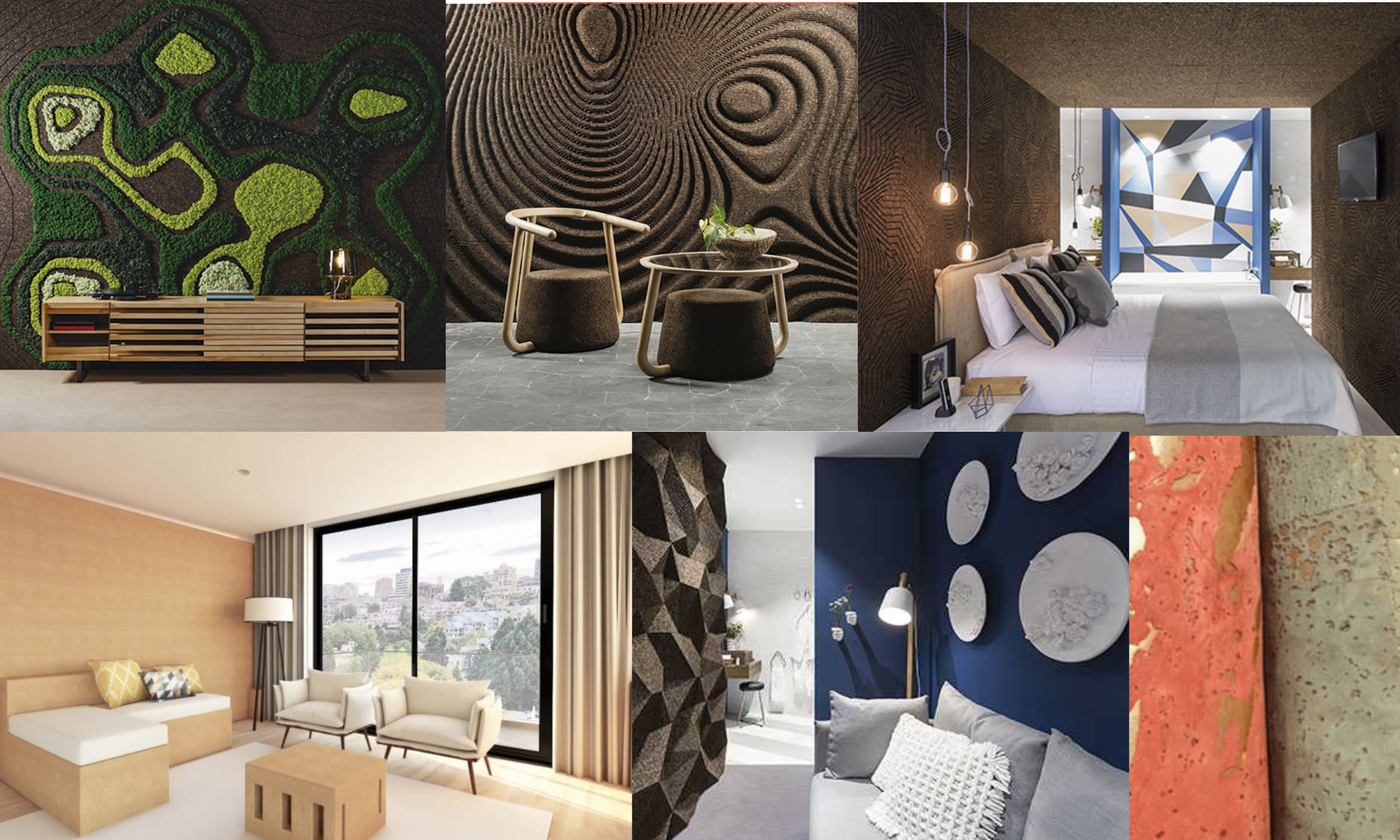 A collage of CoFlora cork products showcasing textured wall coverings, cork furniture, upholstery, and eco-friendly finishes, featured in Sustainable Spaces May 2025.