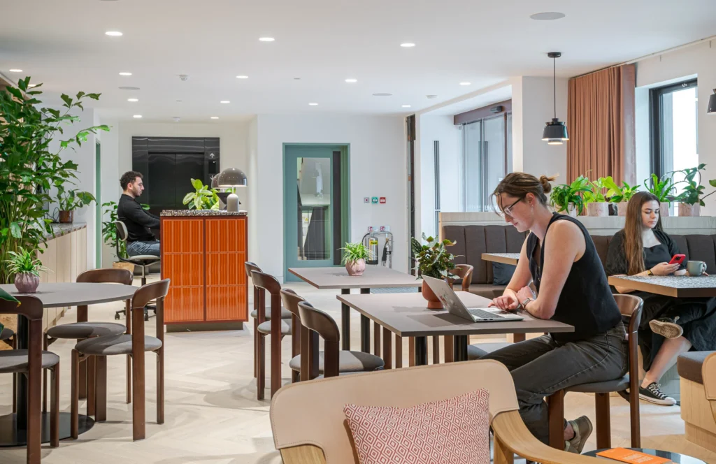 Flexible breakout area at Bloomsbury House with layered seating options, indoor planting and natural tones, supporting relaxed working and social interaction in a welcoming setting.