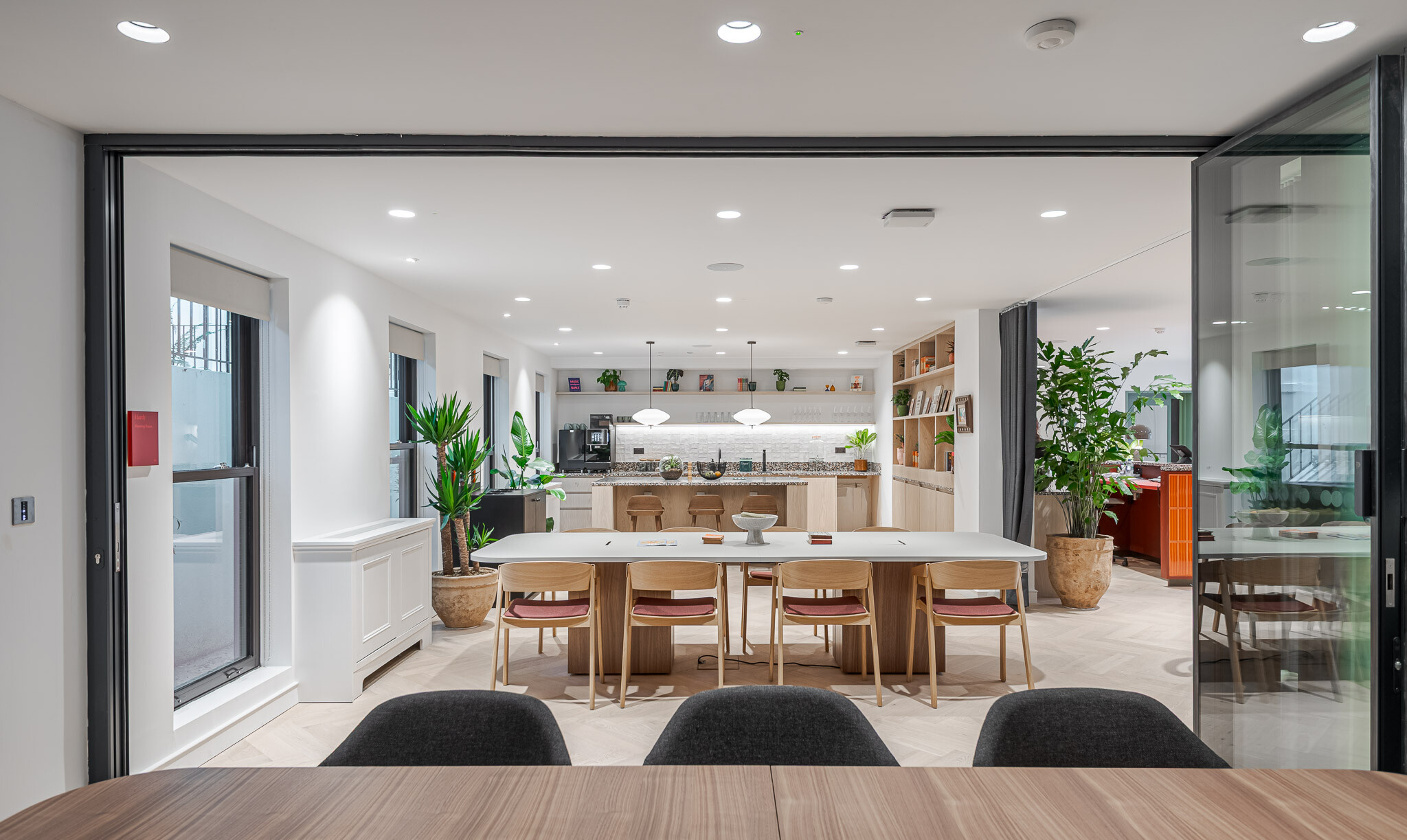 Open-plan lounge and kitchen area at Bloomsbury House with timber joinery, terrazzo finishes, pendant lighting and a communal dining table framed by greenery and natural light.